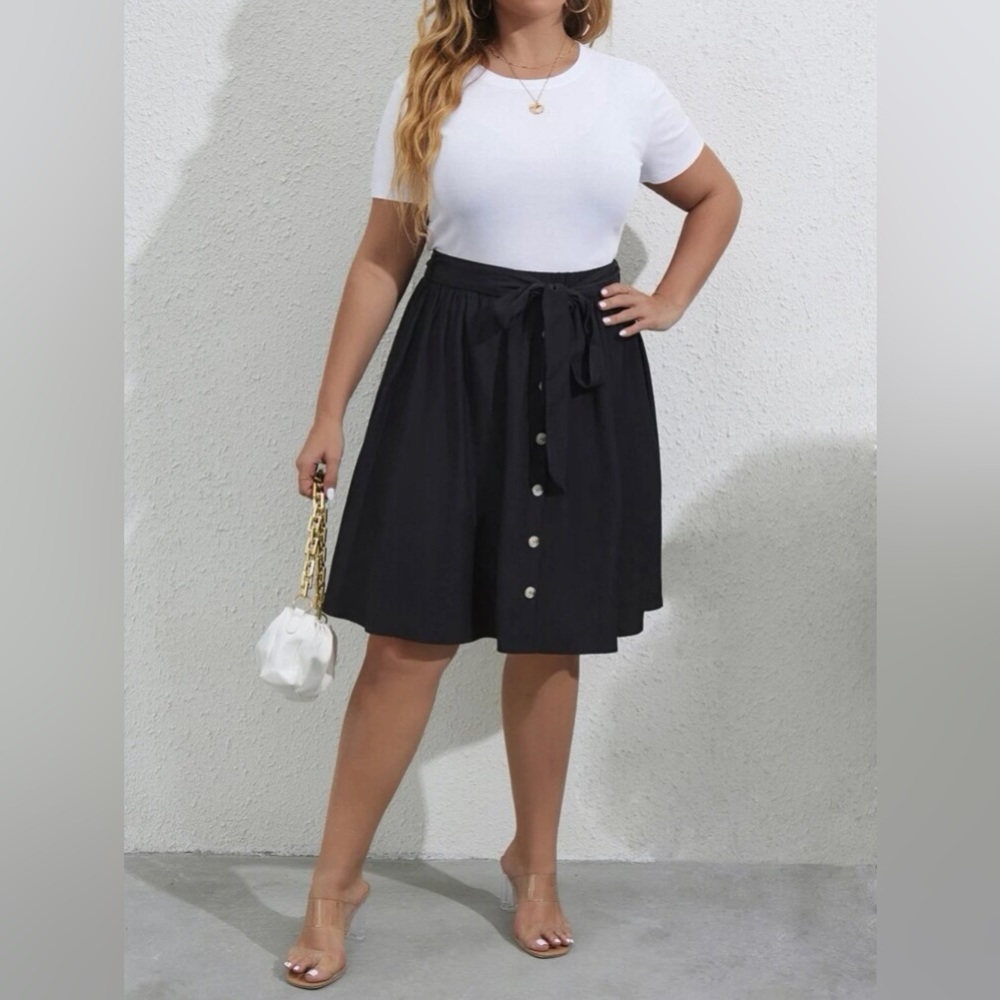 Shein Curve 1X Button Detail Belted Skirt